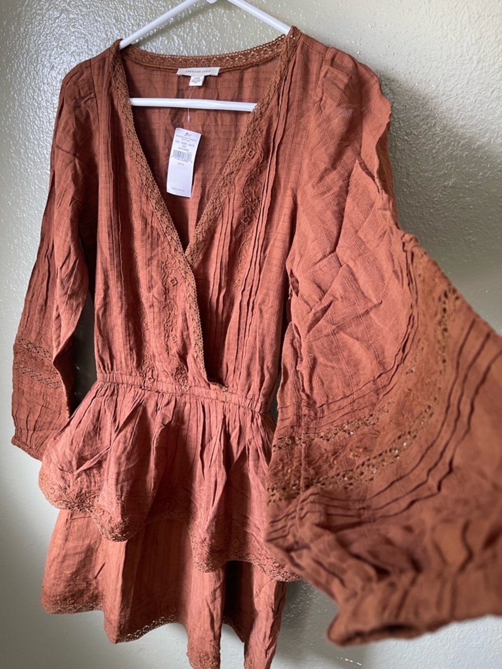 American Eagle Rust Brown V-Neck Peplum Dress - Picture 2 of 6